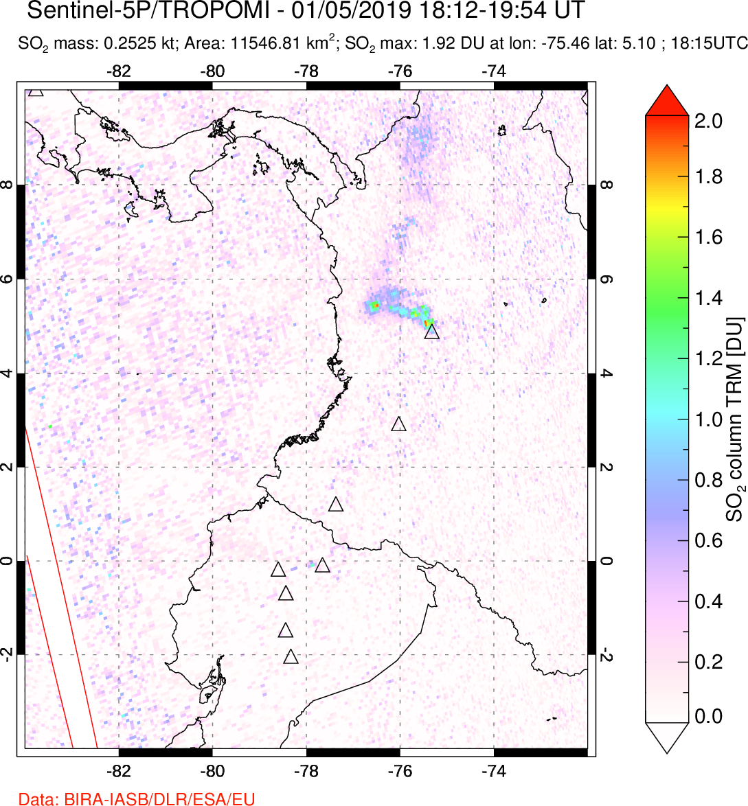 A sulfur dioxide image over Ecuador on Jan 05, 2019.