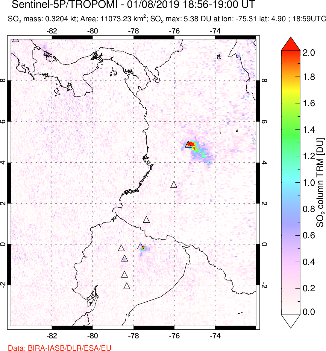 A sulfur dioxide image over Ecuador on Jan 08, 2019.