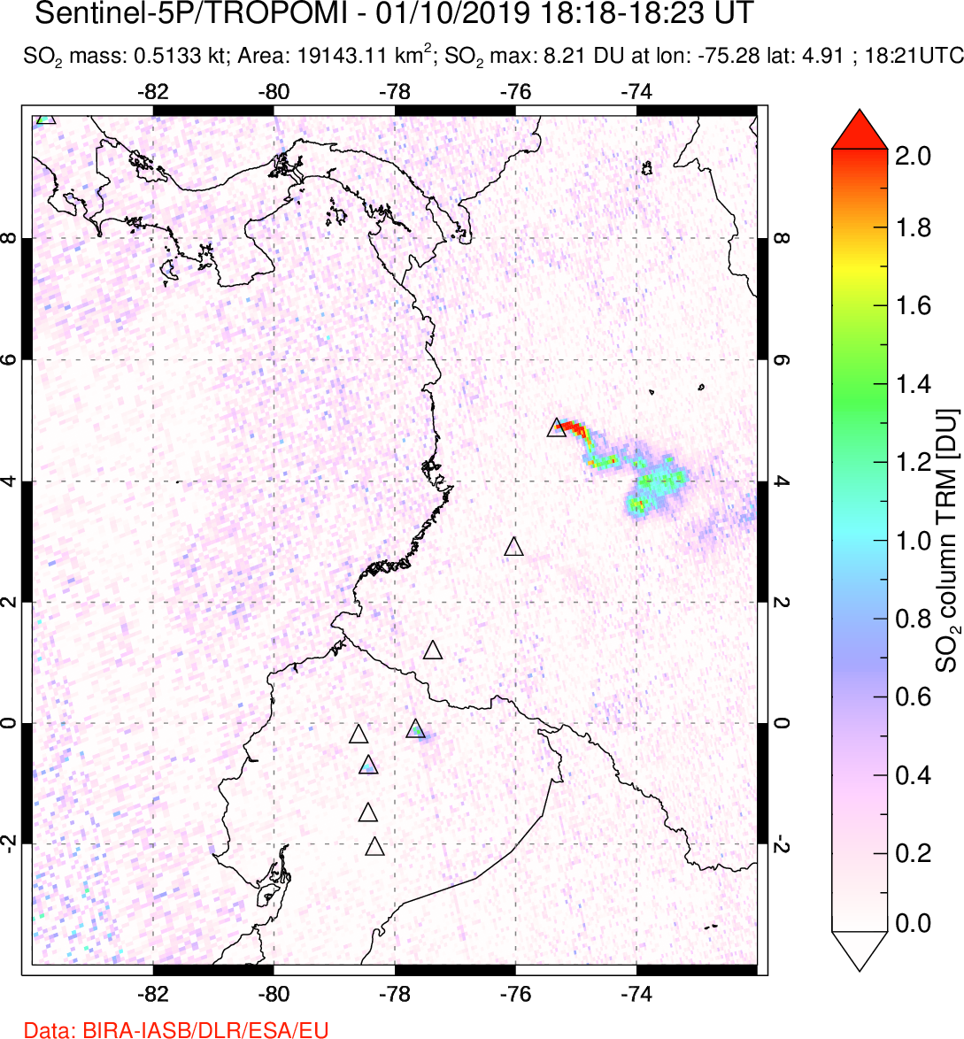 A sulfur dioxide image over Ecuador on Jan 10, 2019.