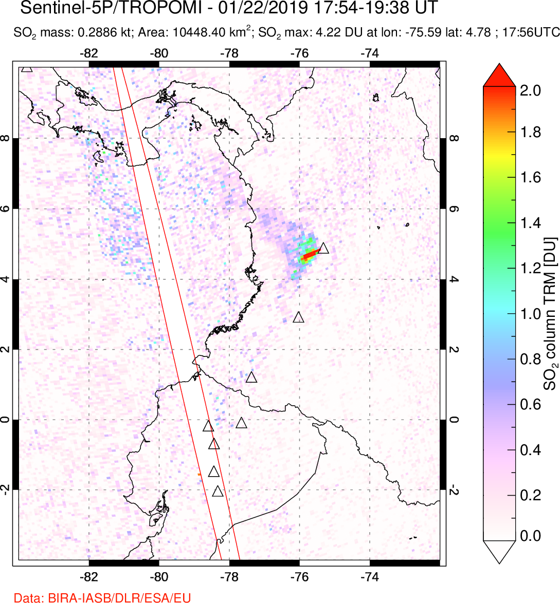 A sulfur dioxide image over Ecuador on Jan 22, 2019.