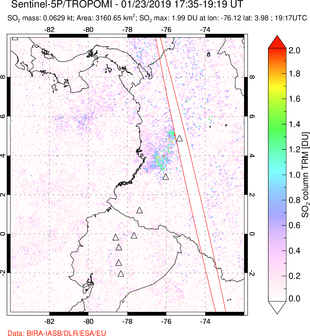 A sulfur dioxide image over Ecuador on Jan 23, 2019.