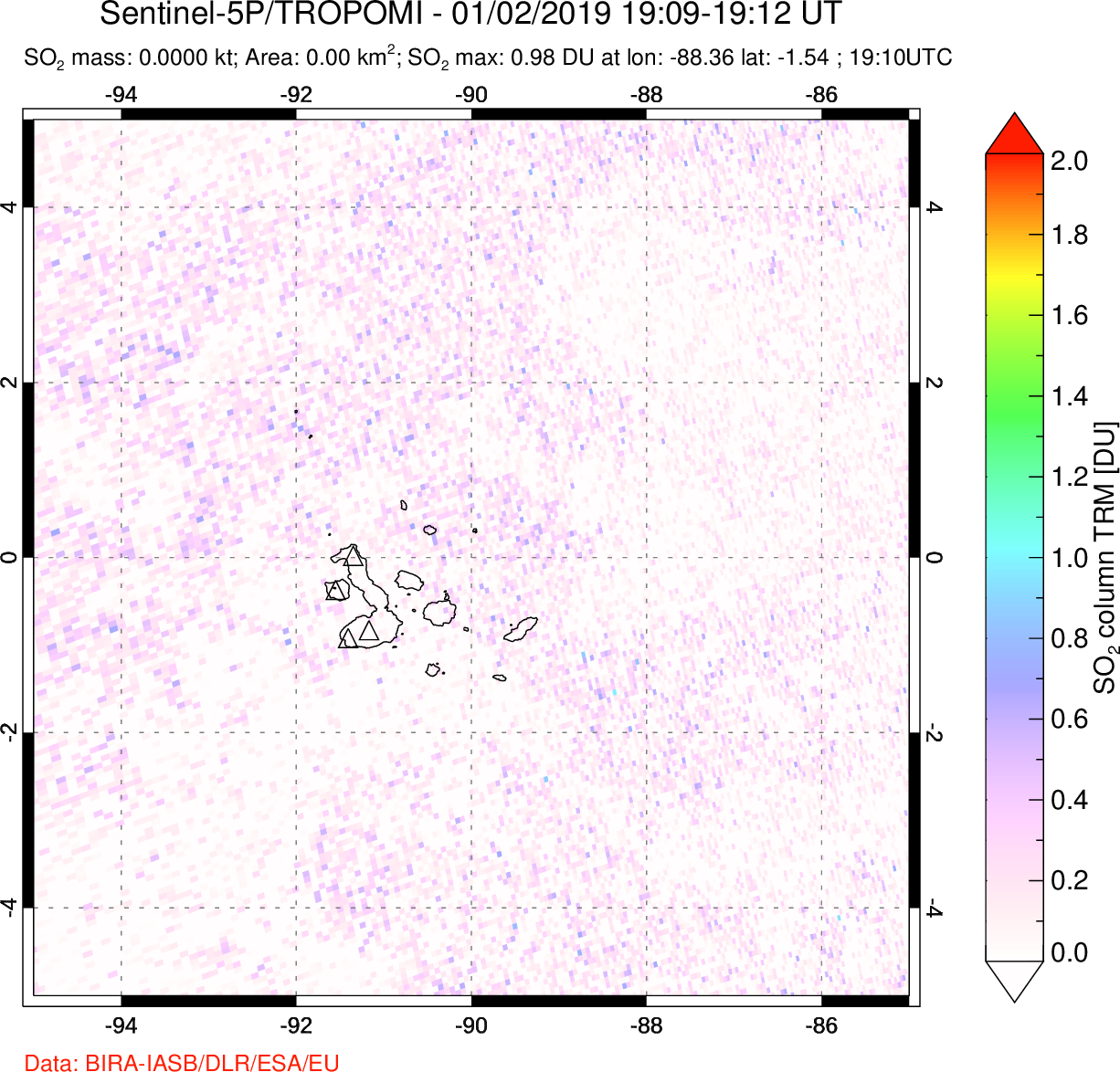 A sulfur dioxide image over Galápagos Islands on Jan 02, 2019.