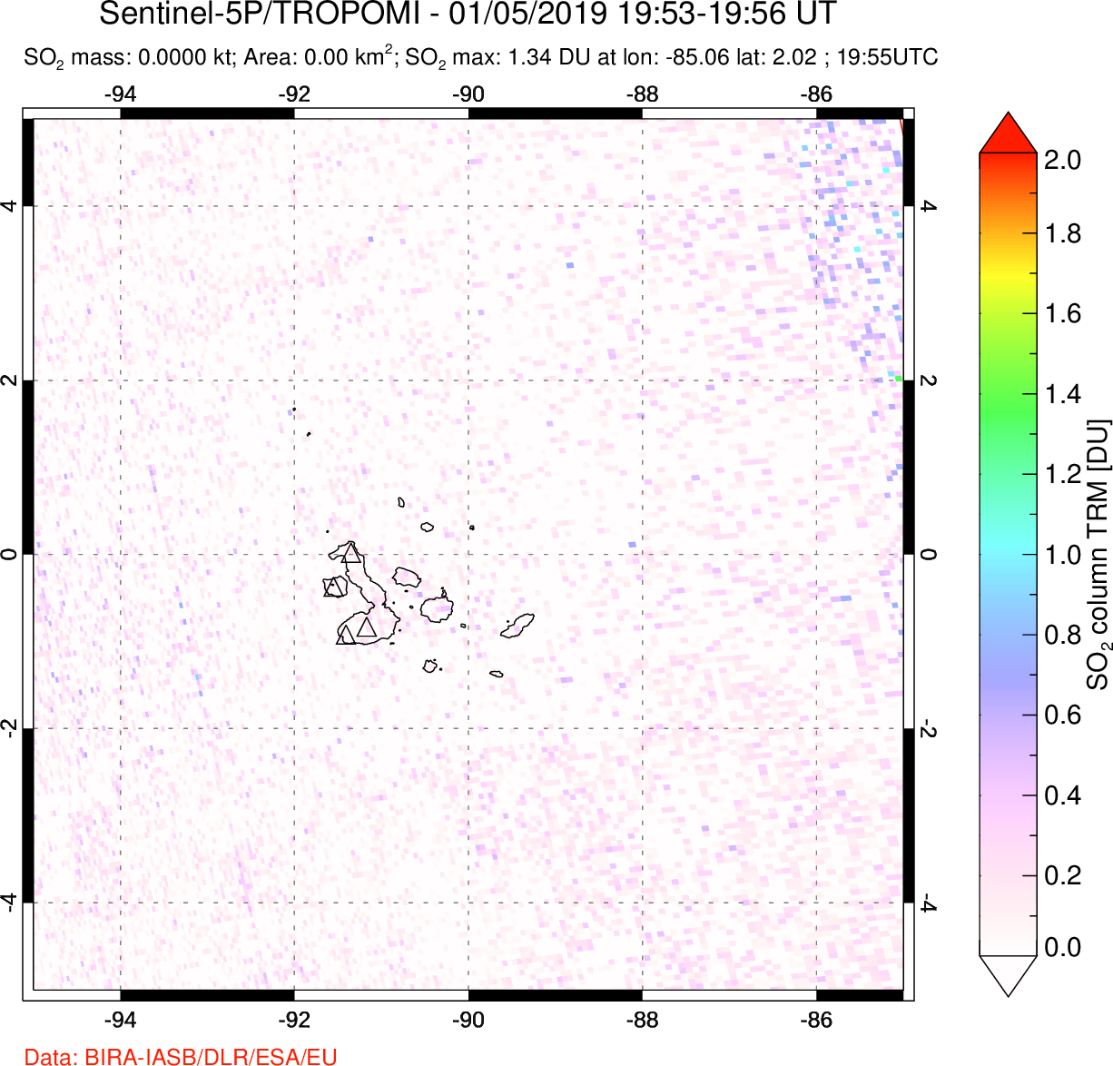 A sulfur dioxide image over Galápagos Islands on Jan 05, 2019.