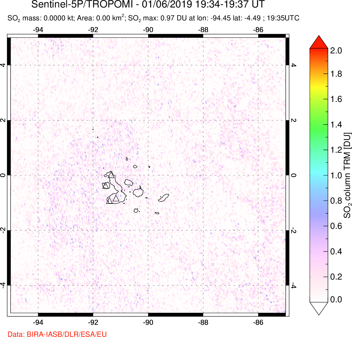 A sulfur dioxide image over Galápagos Islands on Jan 06, 2019.