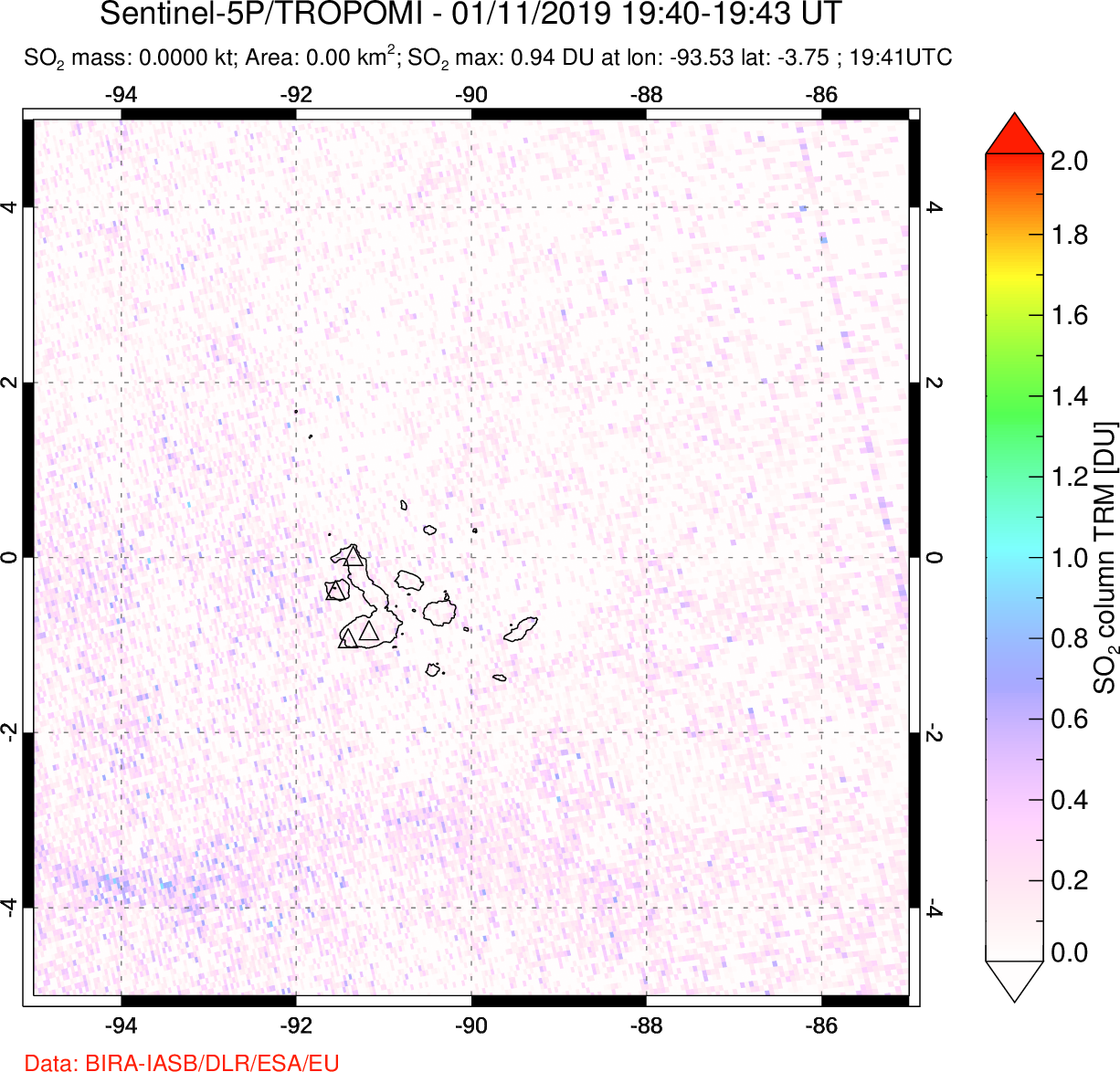 A sulfur dioxide image over Galápagos Islands on Jan 11, 2019.