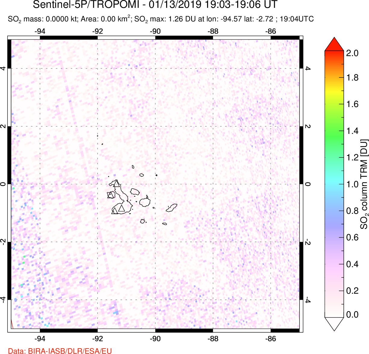 A sulfur dioxide image over Galápagos Islands on Jan 13, 2019.
