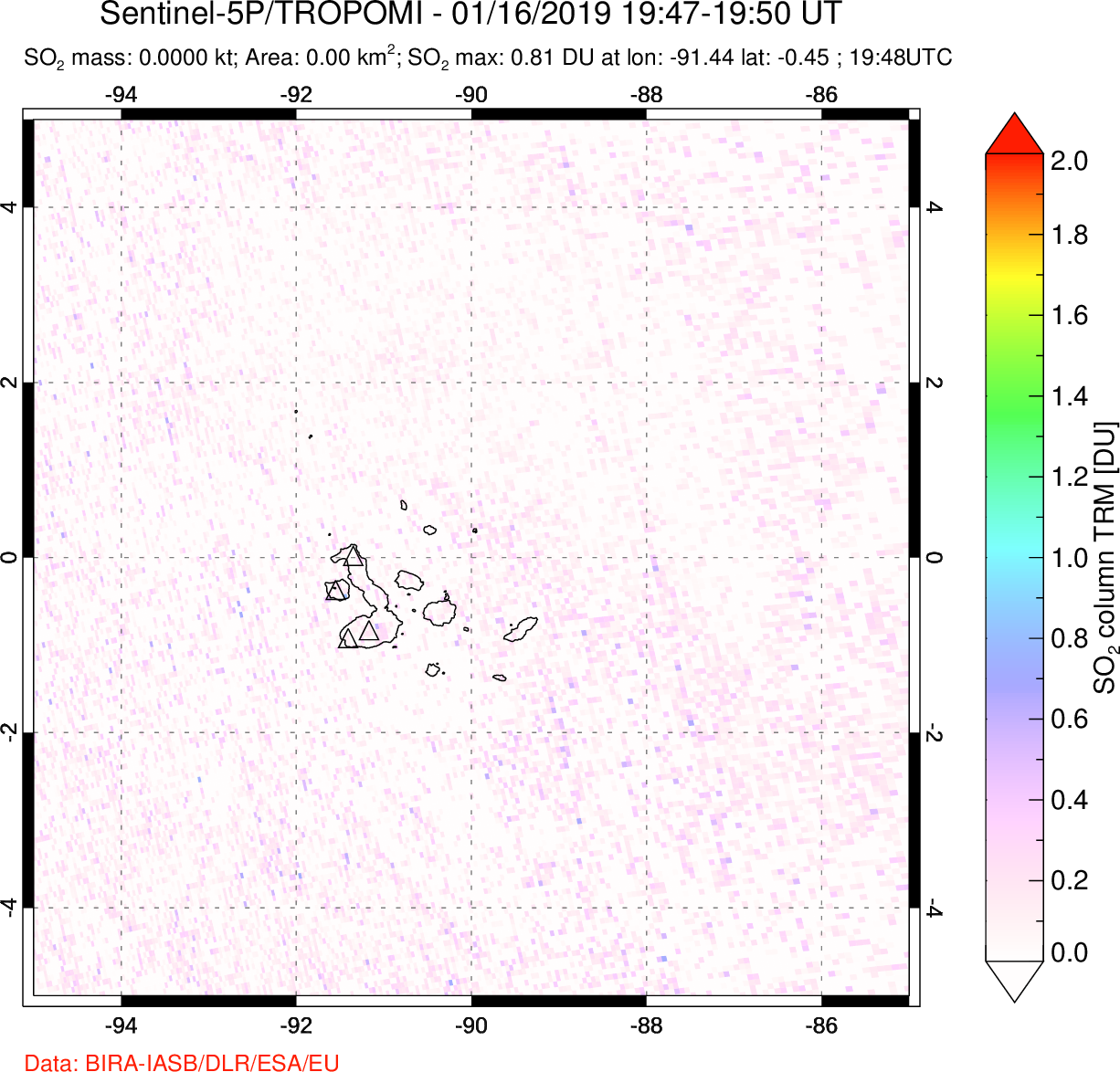A sulfur dioxide image over Galápagos Islands on Jan 16, 2019.