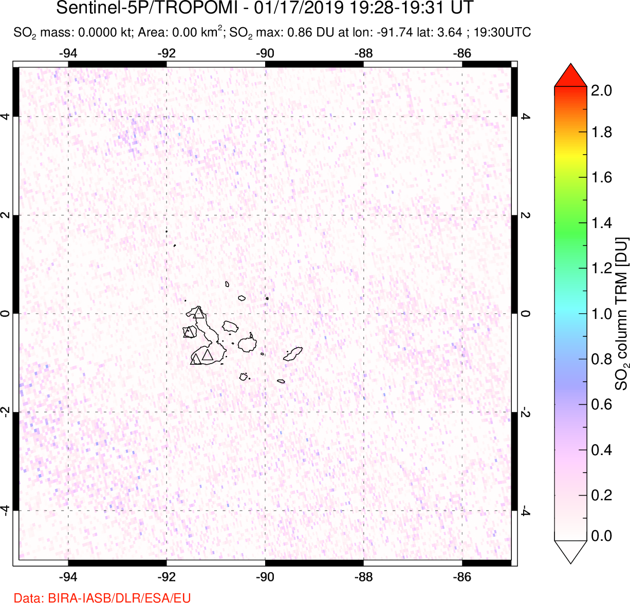 A sulfur dioxide image over Galápagos Islands on Jan 17, 2019.