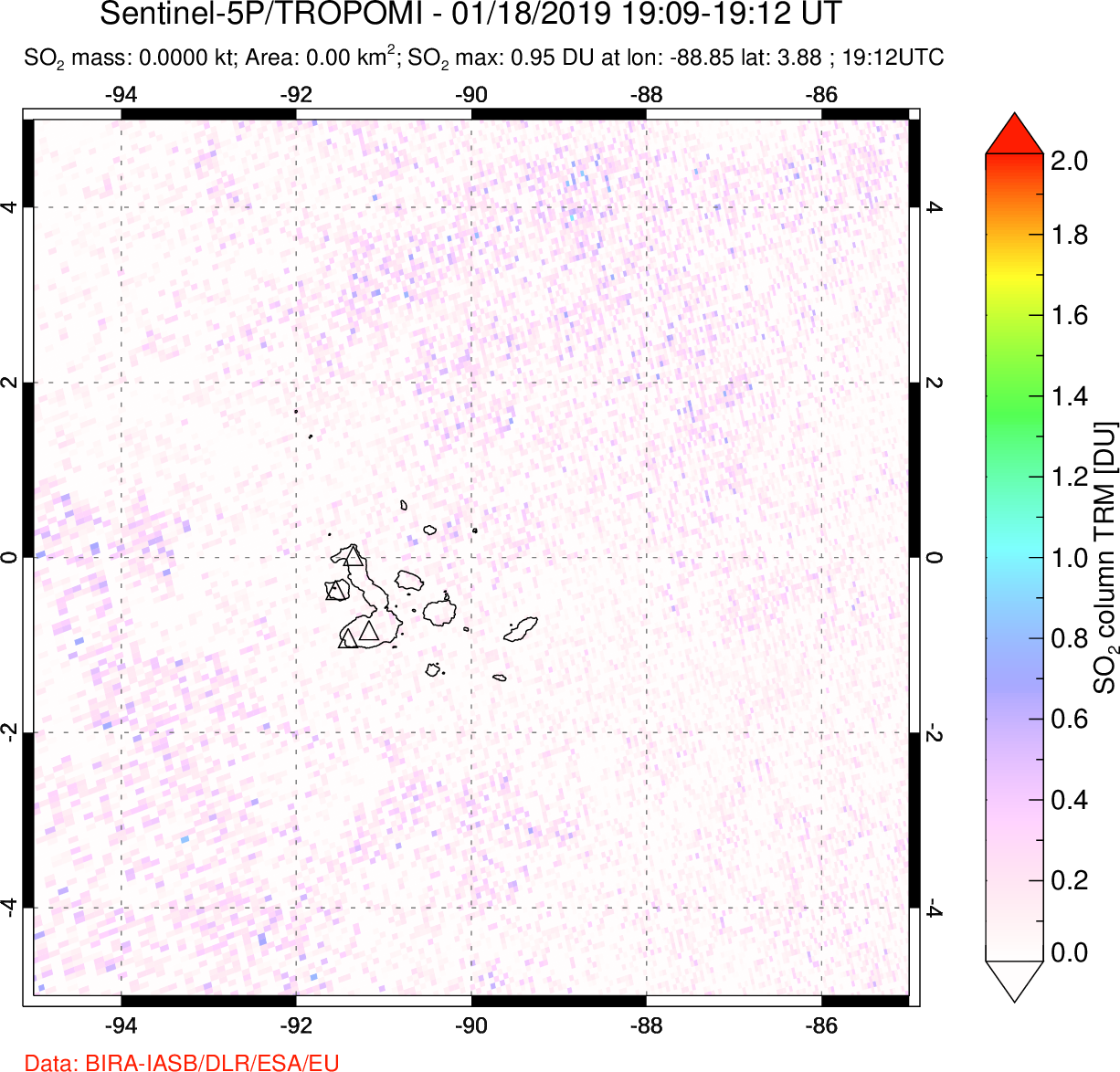 A sulfur dioxide image over Galápagos Islands on Jan 18, 2019.