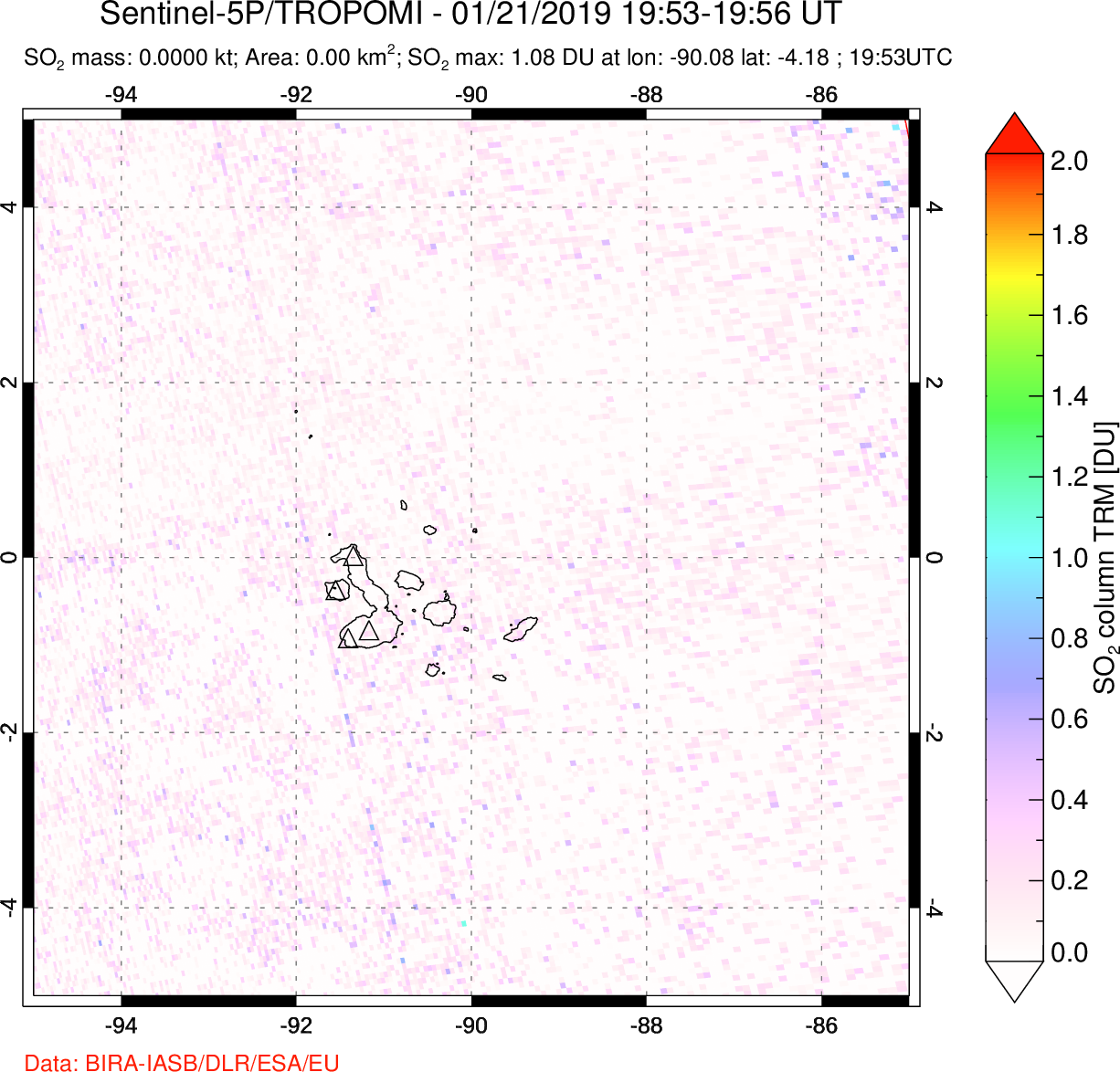 A sulfur dioxide image over Galápagos Islands on Jan 21, 2019.