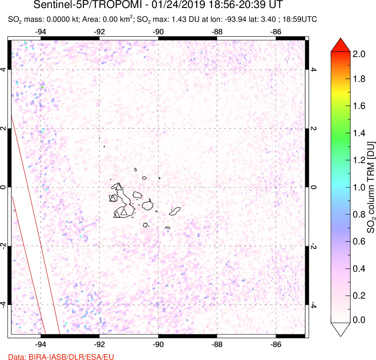 A sulfur dioxide image over Galápagos Islands on Jan 24, 2019.