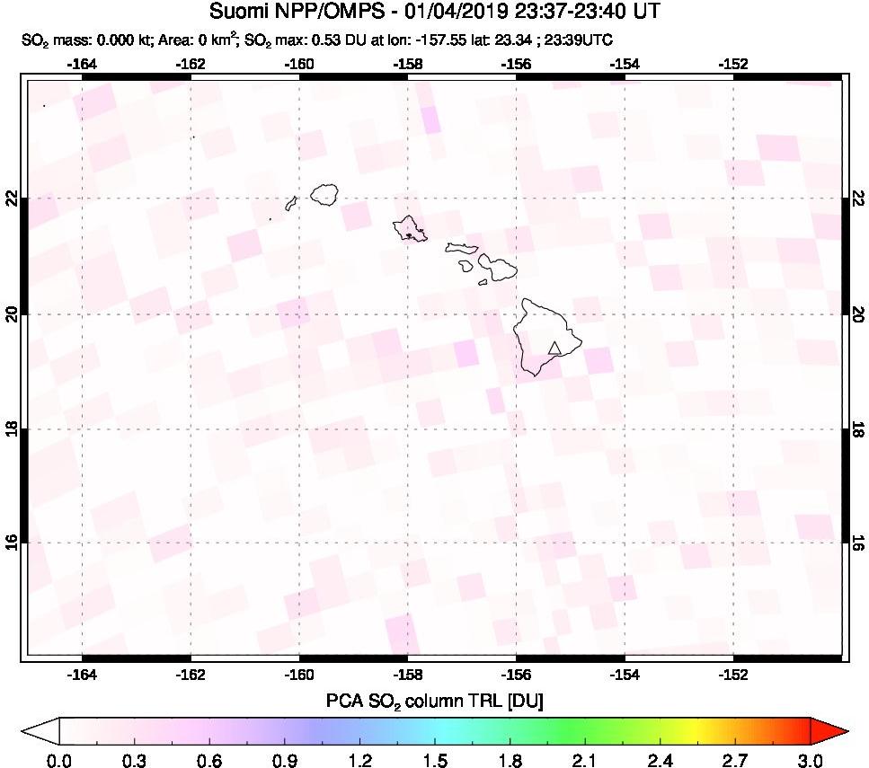 A sulfur dioxide image over Hawaii, USA on Jan 04, 2019.