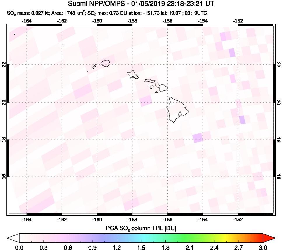 A sulfur dioxide image over Hawaii, USA on Jan 05, 2019.
