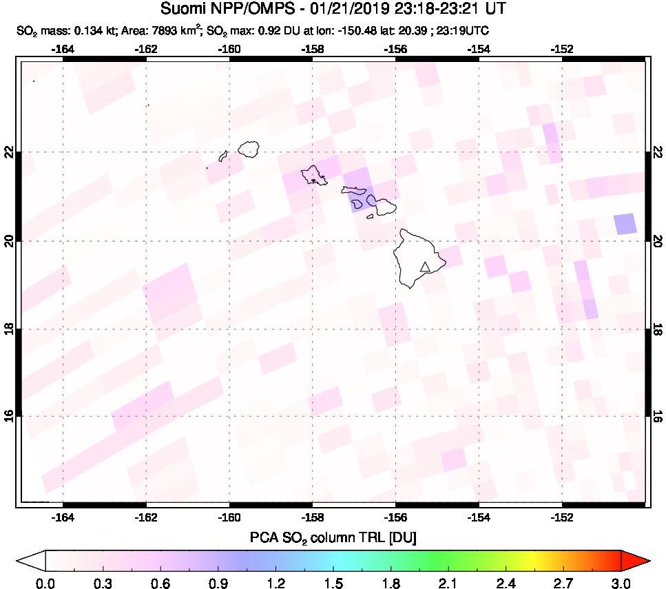 A sulfur dioxide image over Hawaii, USA on Jan 21, 2019.