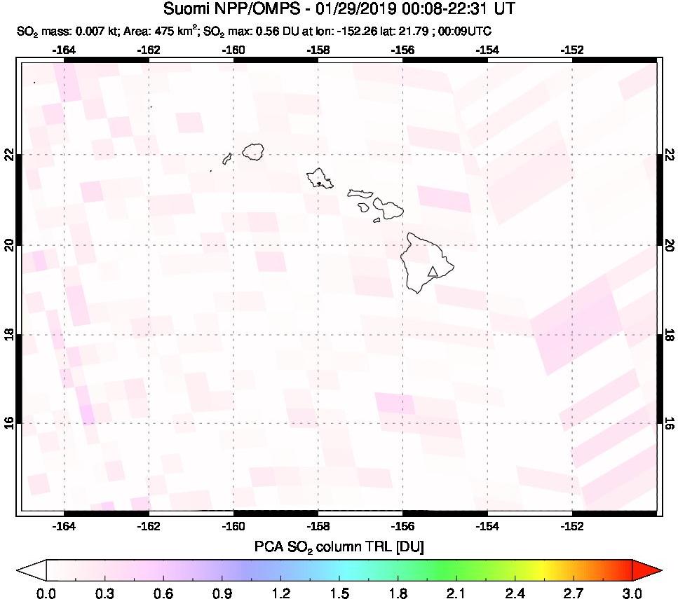 A sulfur dioxide image over Hawaii, USA on Jan 29, 2019.
