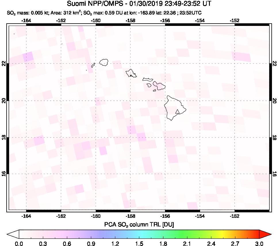 A sulfur dioxide image over Hawaii, USA on Jan 30, 2019.