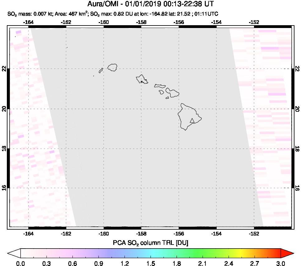 A sulfur dioxide image over Hawaii, USA on Jan 01, 2019.