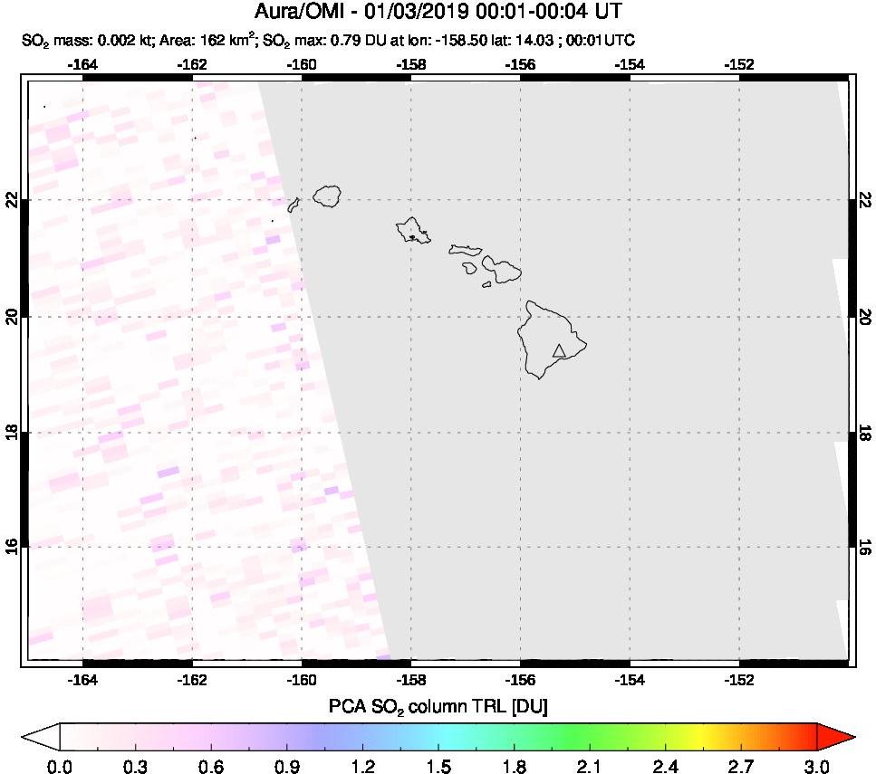 A sulfur dioxide image over Hawaii, USA on Jan 03, 2019.