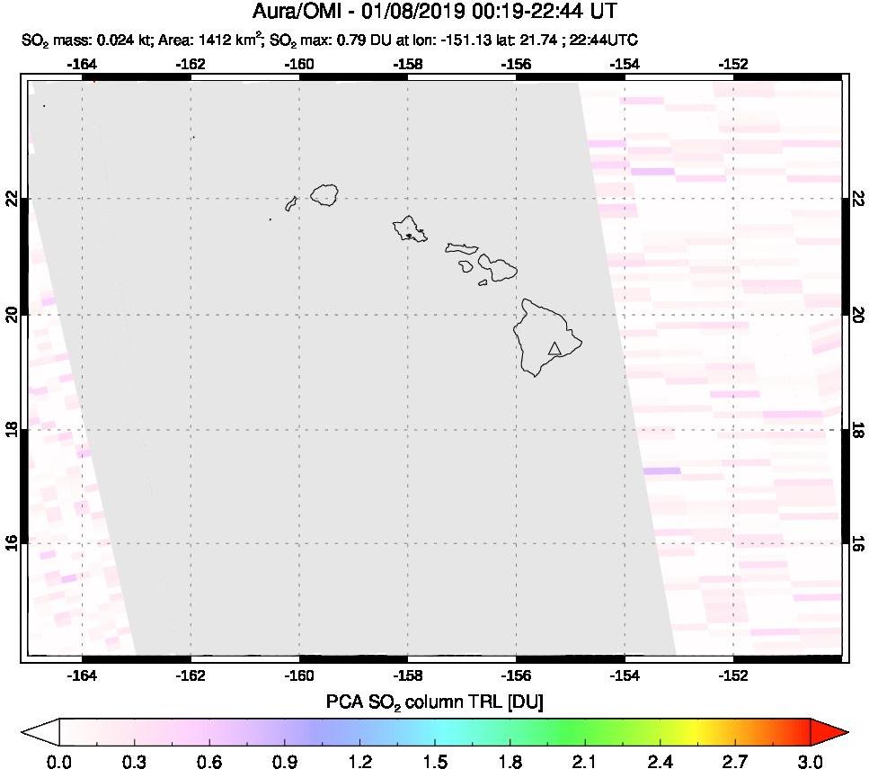 A sulfur dioxide image over Hawaii, USA on Jan 08, 2019.