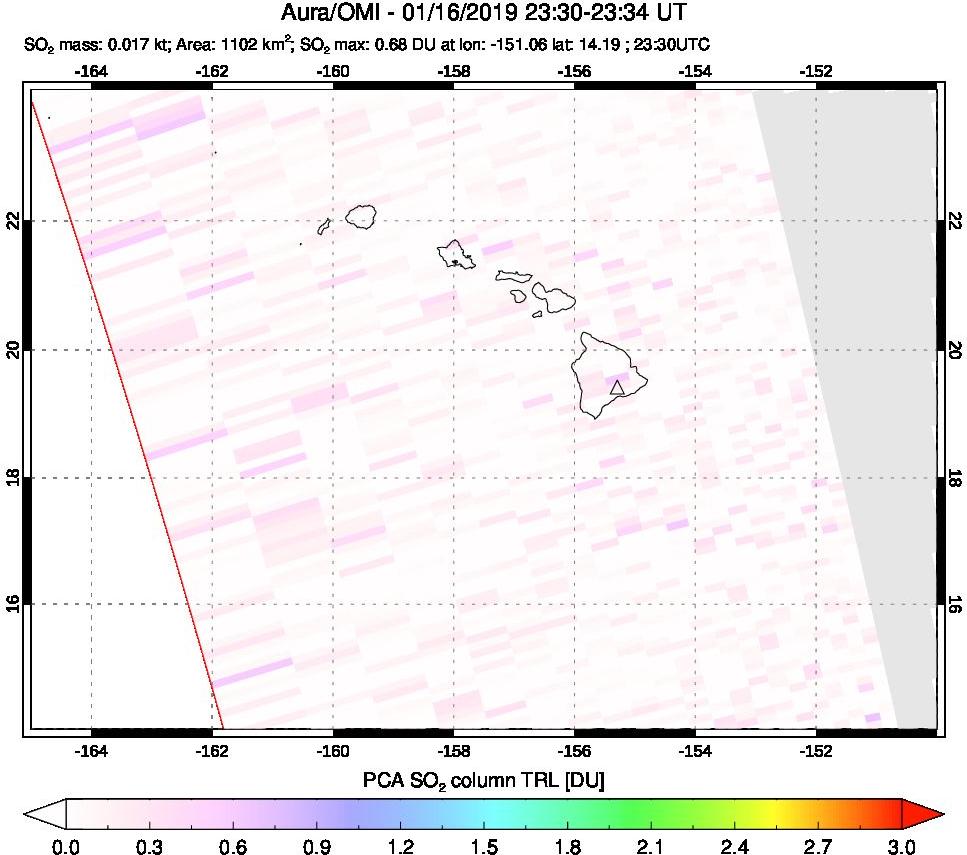 A sulfur dioxide image over Hawaii, USA on Jan 16, 2019.