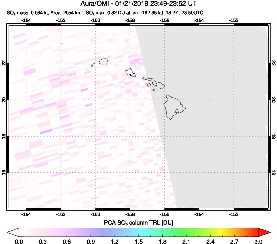 A sulfur dioxide image over Hawaii, USA on Jan 21, 2019.