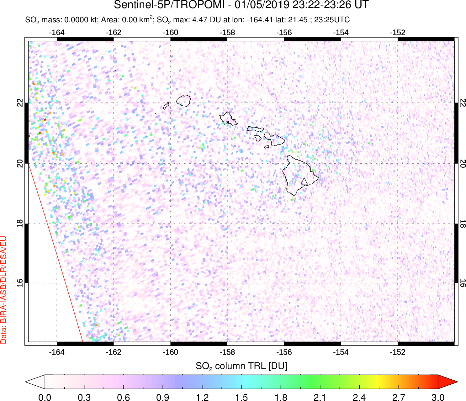 A sulfur dioxide image over Hawaii, USA on Jan 05, 2019.