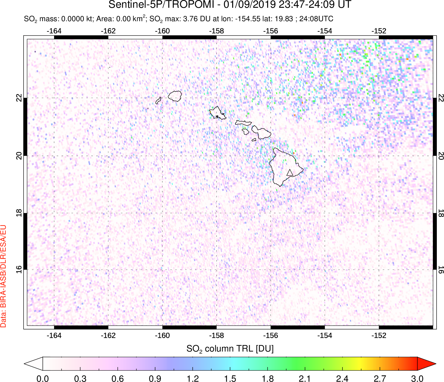 A sulfur dioxide image over Hawaii, USA on Jan 09, 2019.