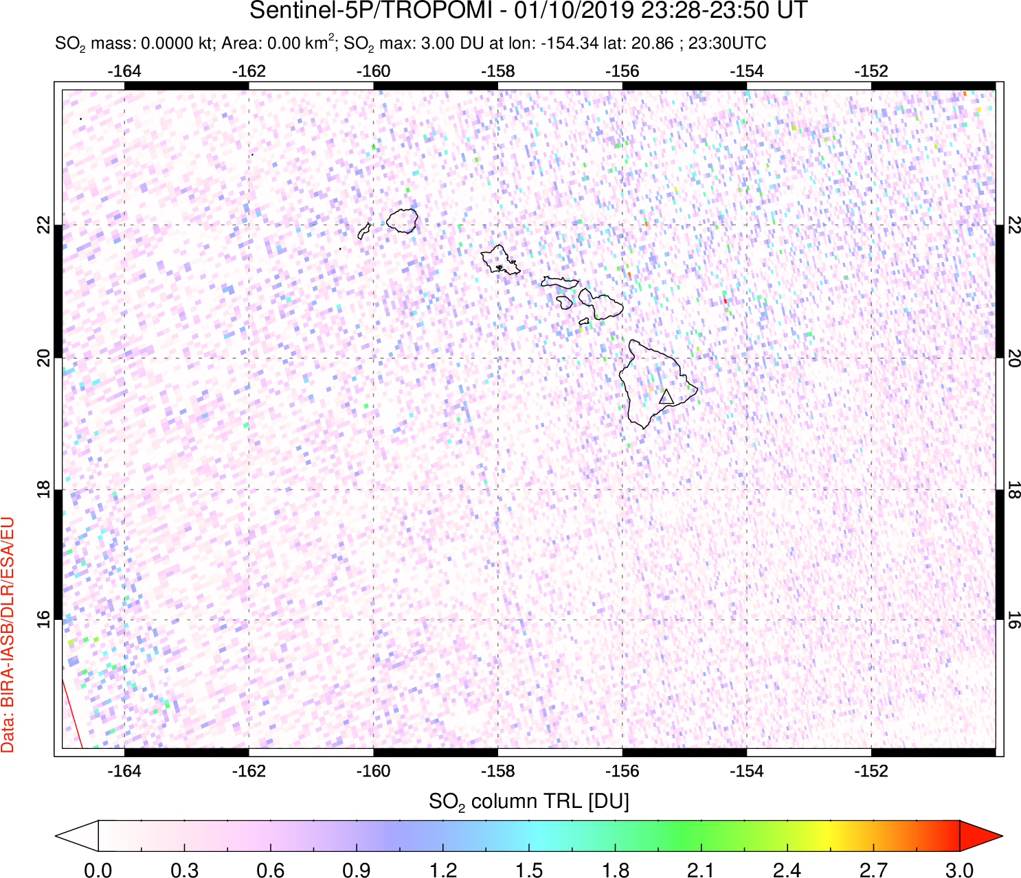 A sulfur dioxide image over Hawaii, USA on Jan 10, 2019.