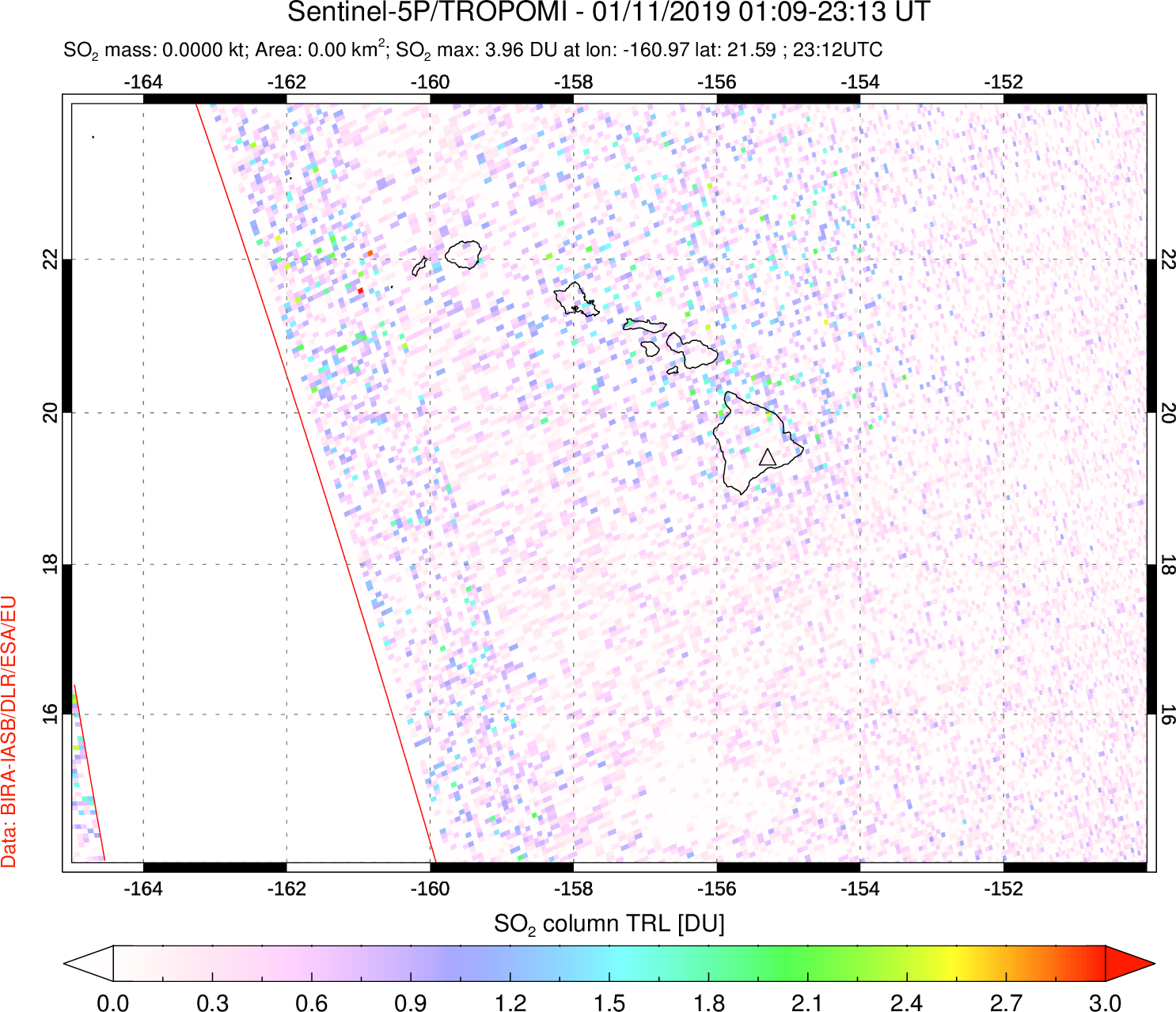 A sulfur dioxide image over Hawaii, USA on Jan 11, 2019.