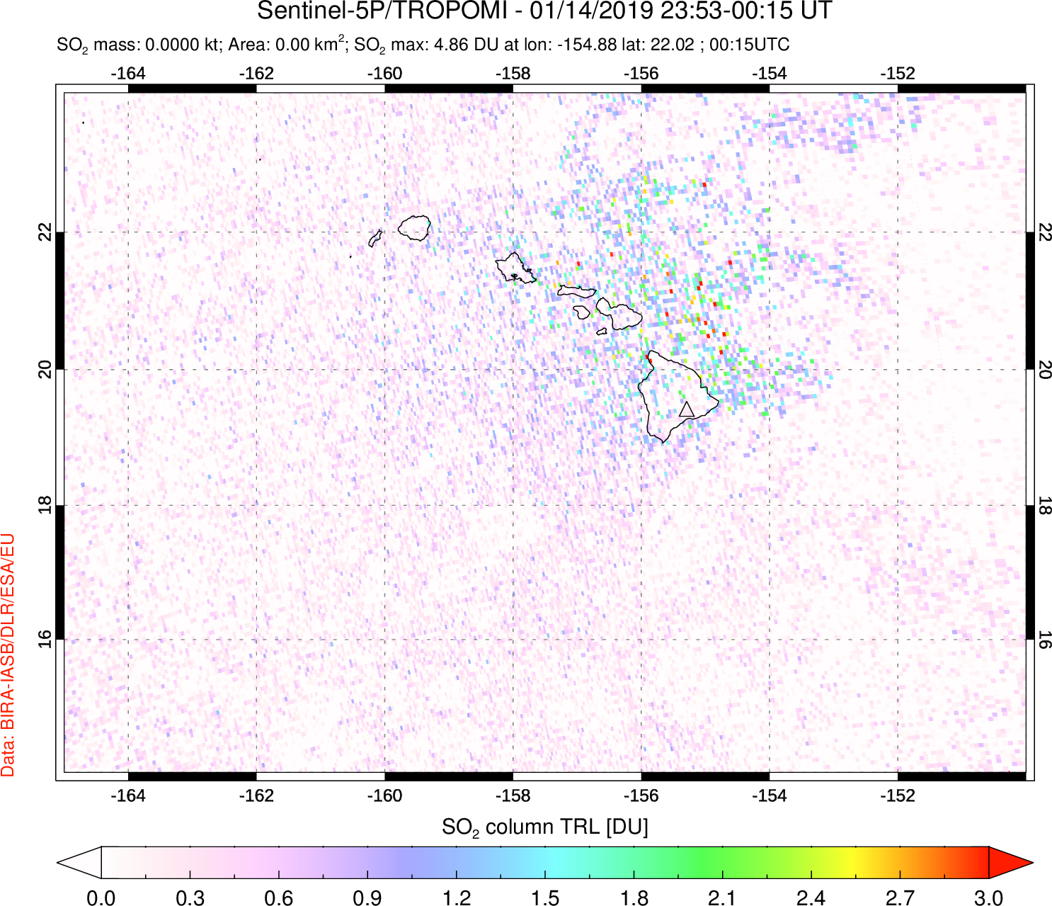 A sulfur dioxide image over Hawaii, USA on Jan 14, 2019.