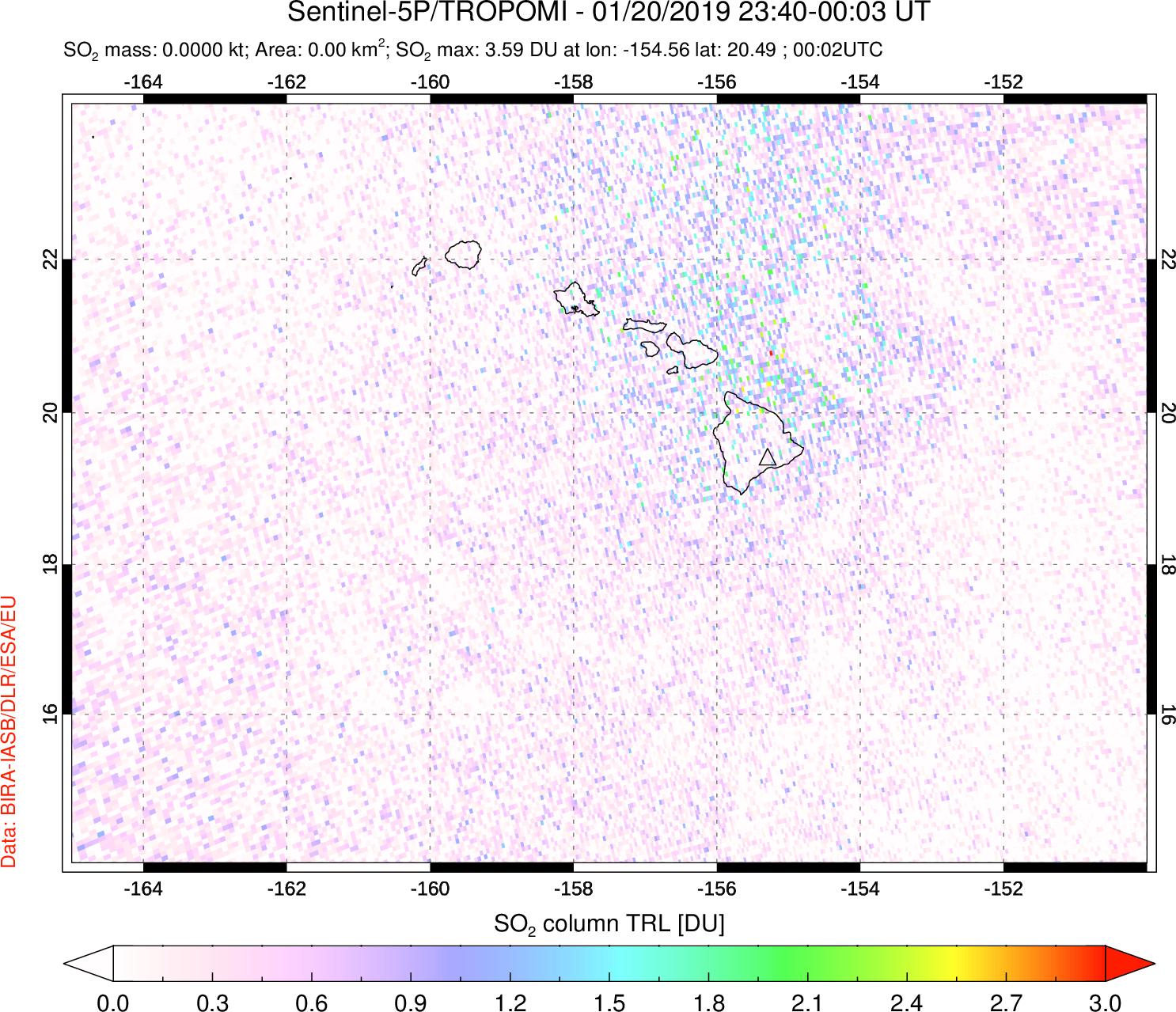 A sulfur dioxide image over Hawaii, USA on Jan 20, 2019.