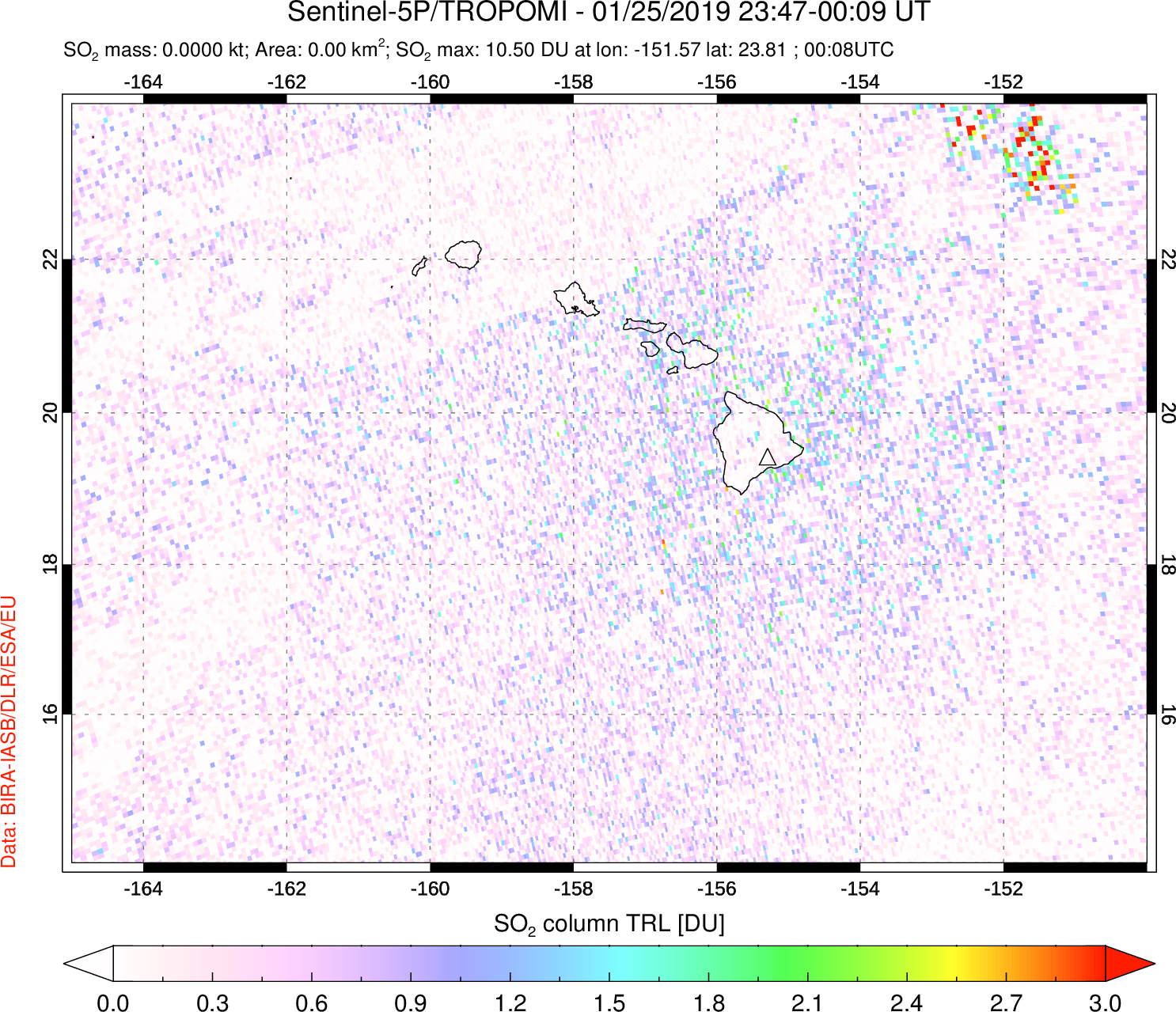 A sulfur dioxide image over Hawaii, USA on Jan 25, 2019.