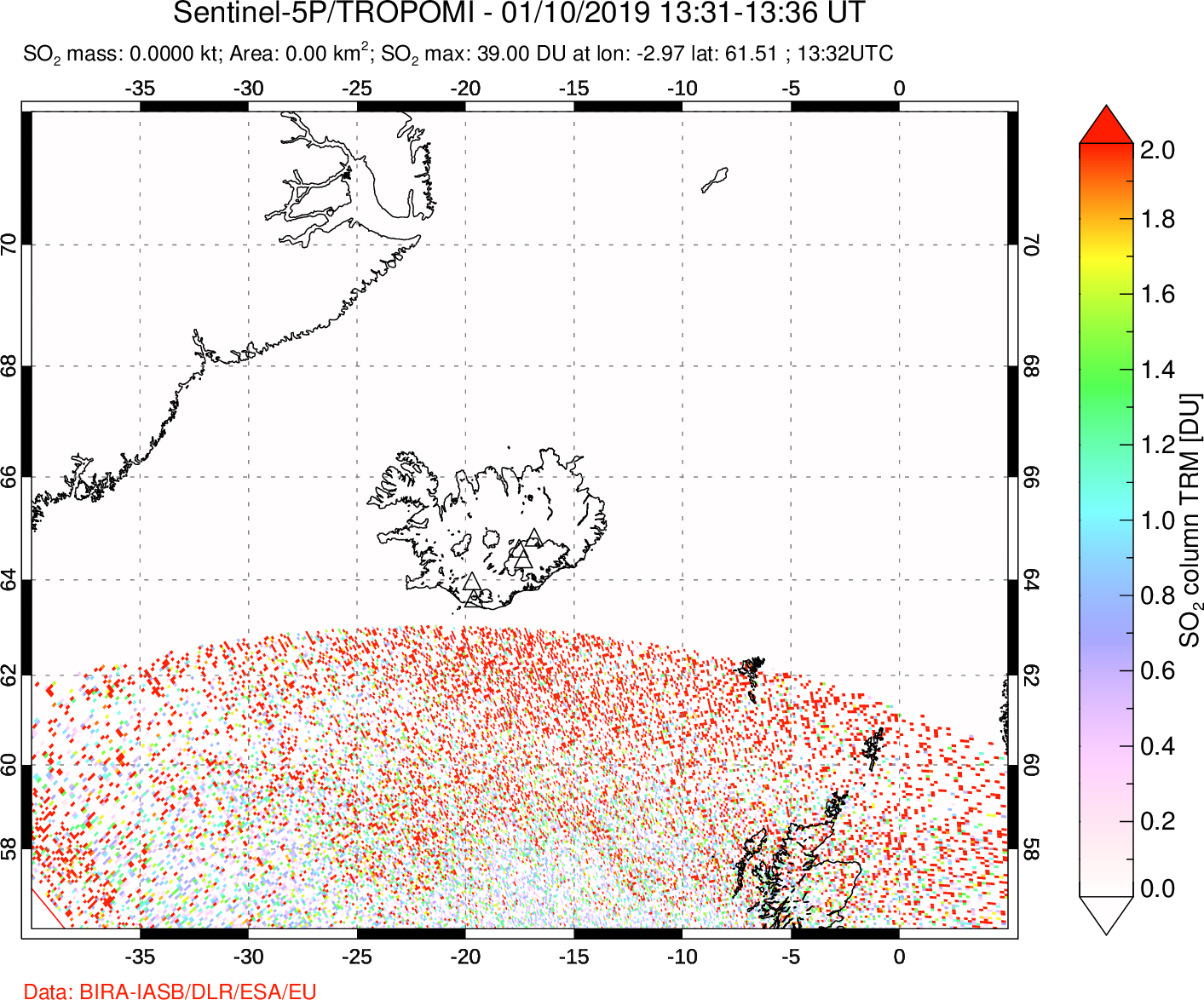 A sulfur dioxide image over Iceland on Jan 10, 2019.