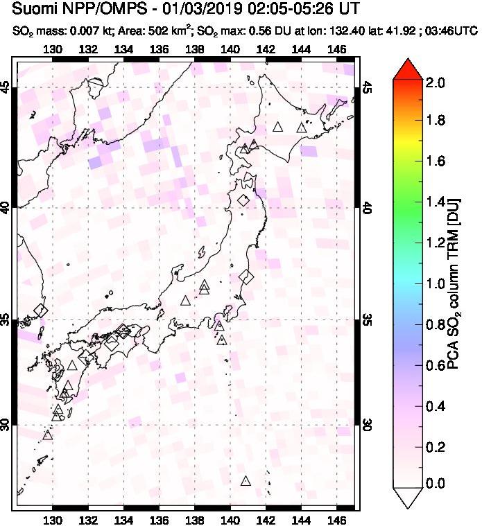 A sulfur dioxide image over Japan on Jan 03, 2019.