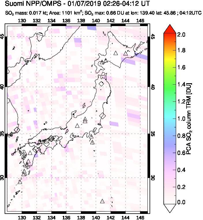 A sulfur dioxide image over Japan on Jan 07, 2019.