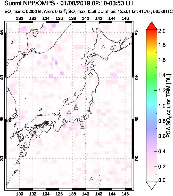 A sulfur dioxide image over Japan on Jan 08, 2019.