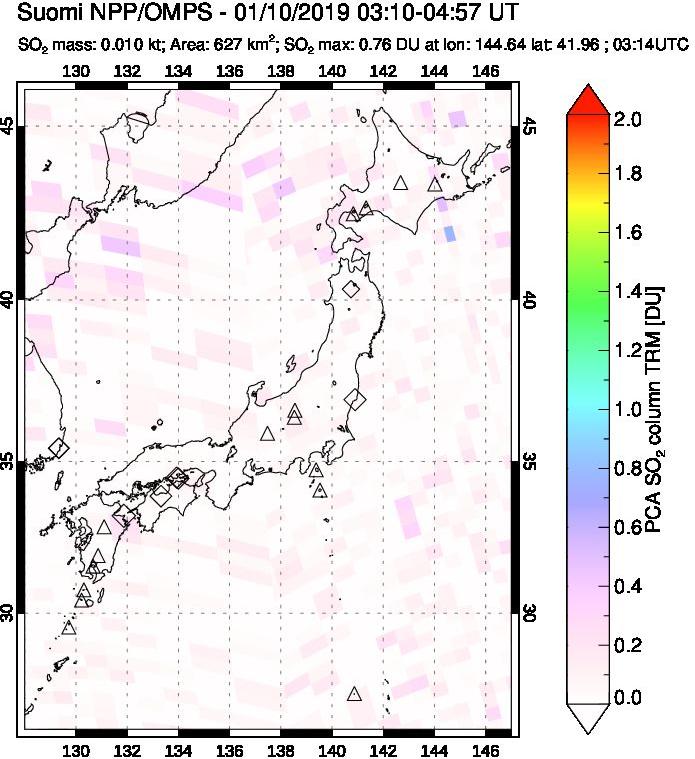 A sulfur dioxide image over Japan on Jan 10, 2019.