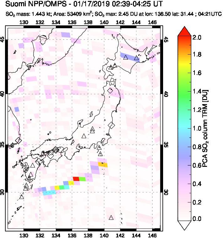 A sulfur dioxide image over Japan on Jan 17, 2019.