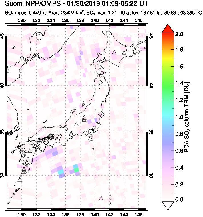 A sulfur dioxide image over Japan on Jan 30, 2019.