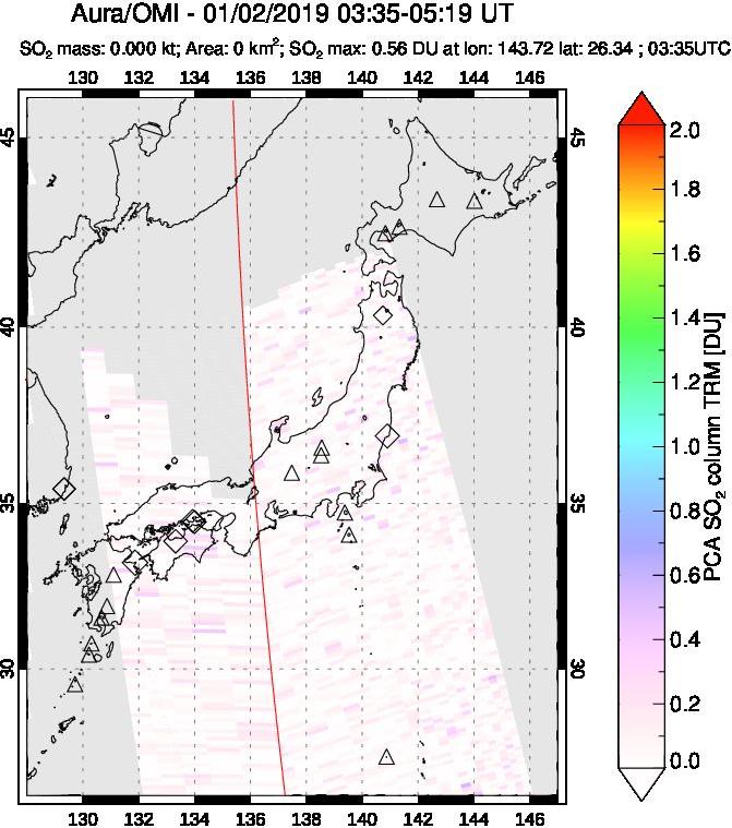 A sulfur dioxide image over Japan on Jan 02, 2019.