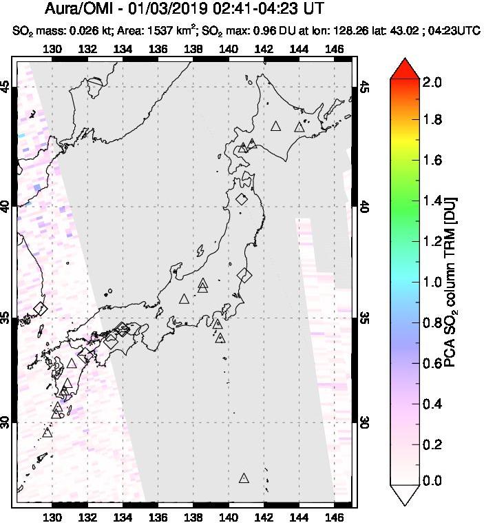 A sulfur dioxide image over Japan on Jan 03, 2019.