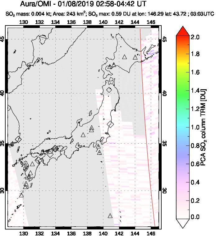 A sulfur dioxide image over Japan on Jan 08, 2019.