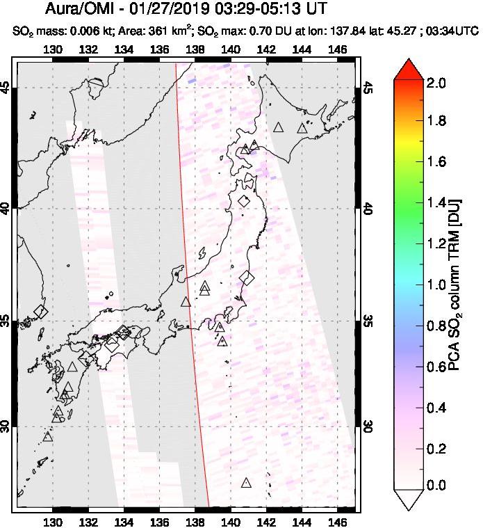 A sulfur dioxide image over Japan on Jan 27, 2019.