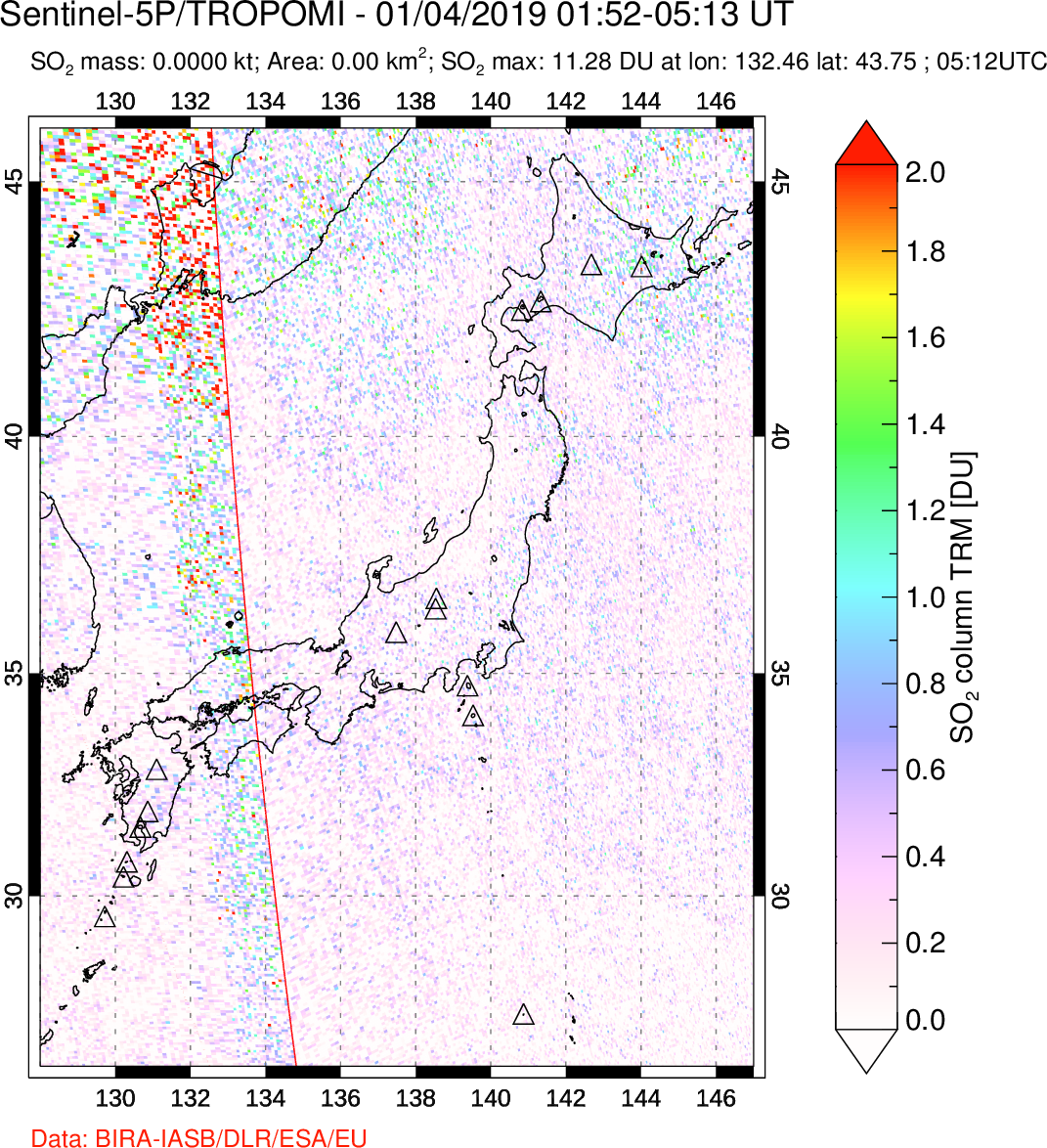 A sulfur dioxide image over Japan on Jan 04, 2019.