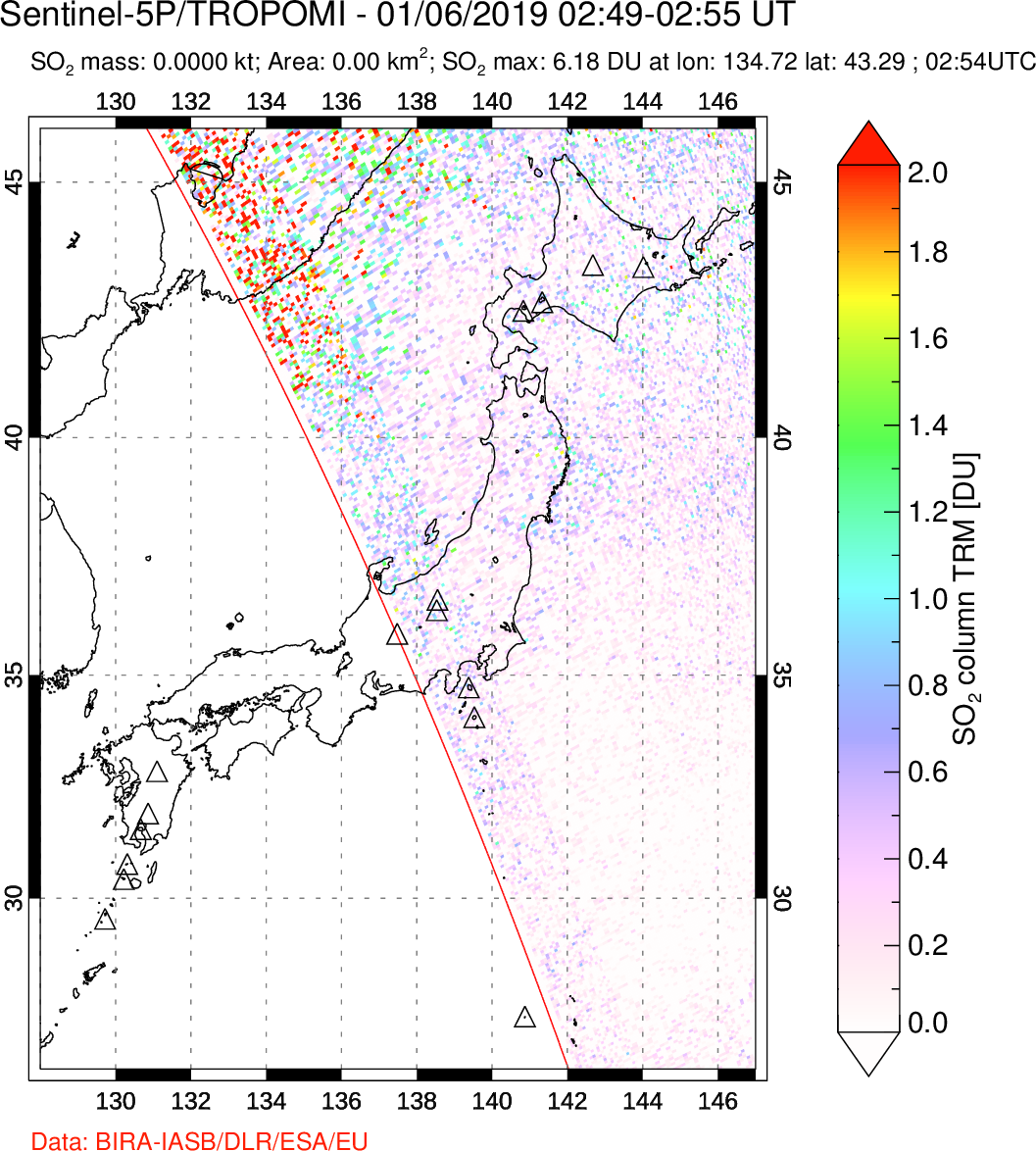 A sulfur dioxide image over Japan on Jan 06, 2019.