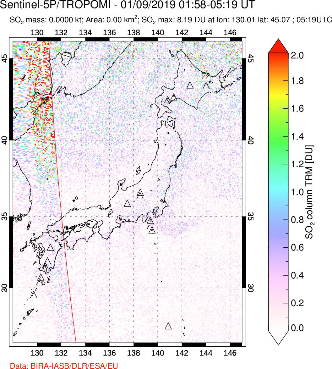 A sulfur dioxide image over Japan on Jan 09, 2019.