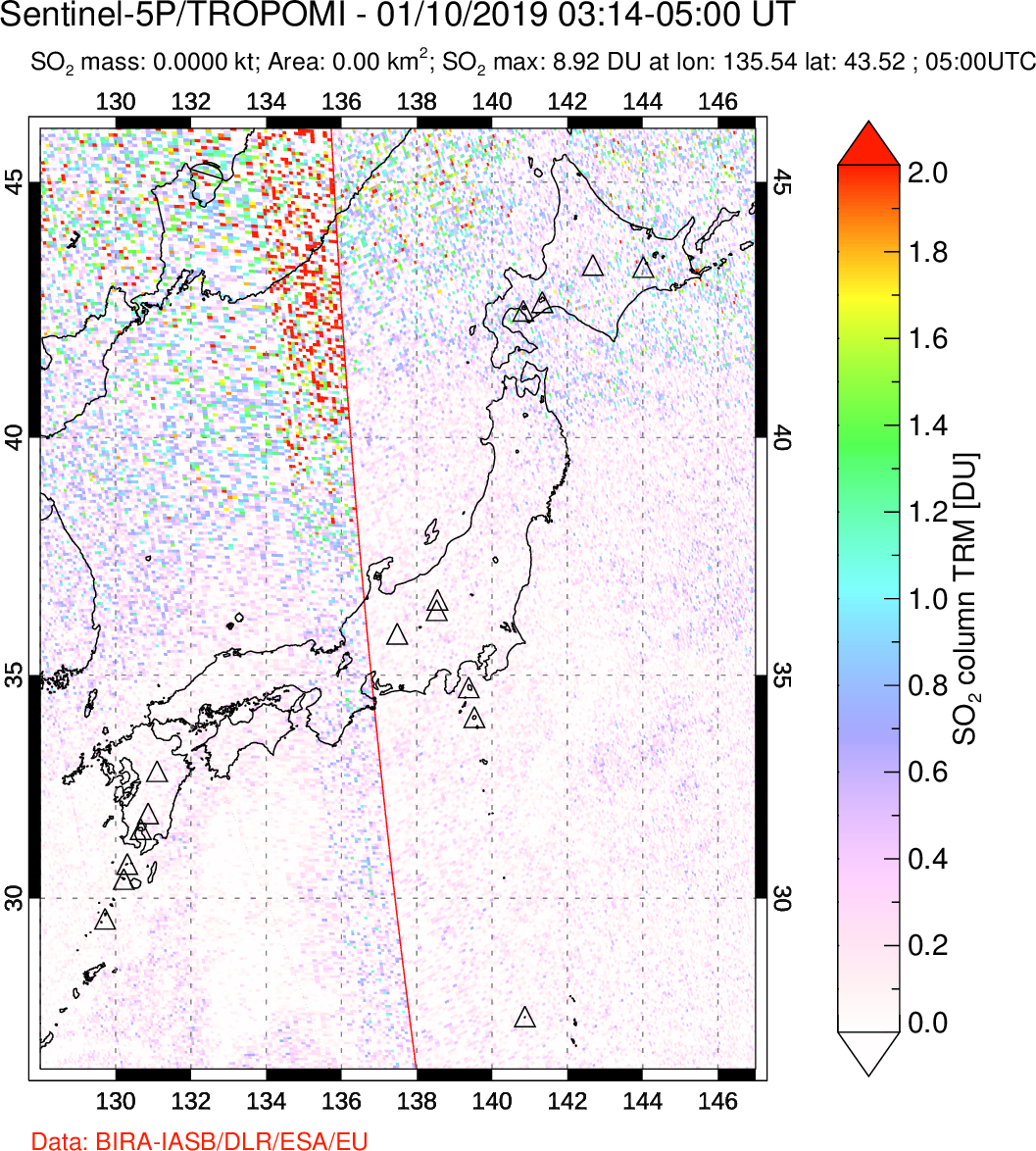 A sulfur dioxide image over Japan on Jan 10, 2019.