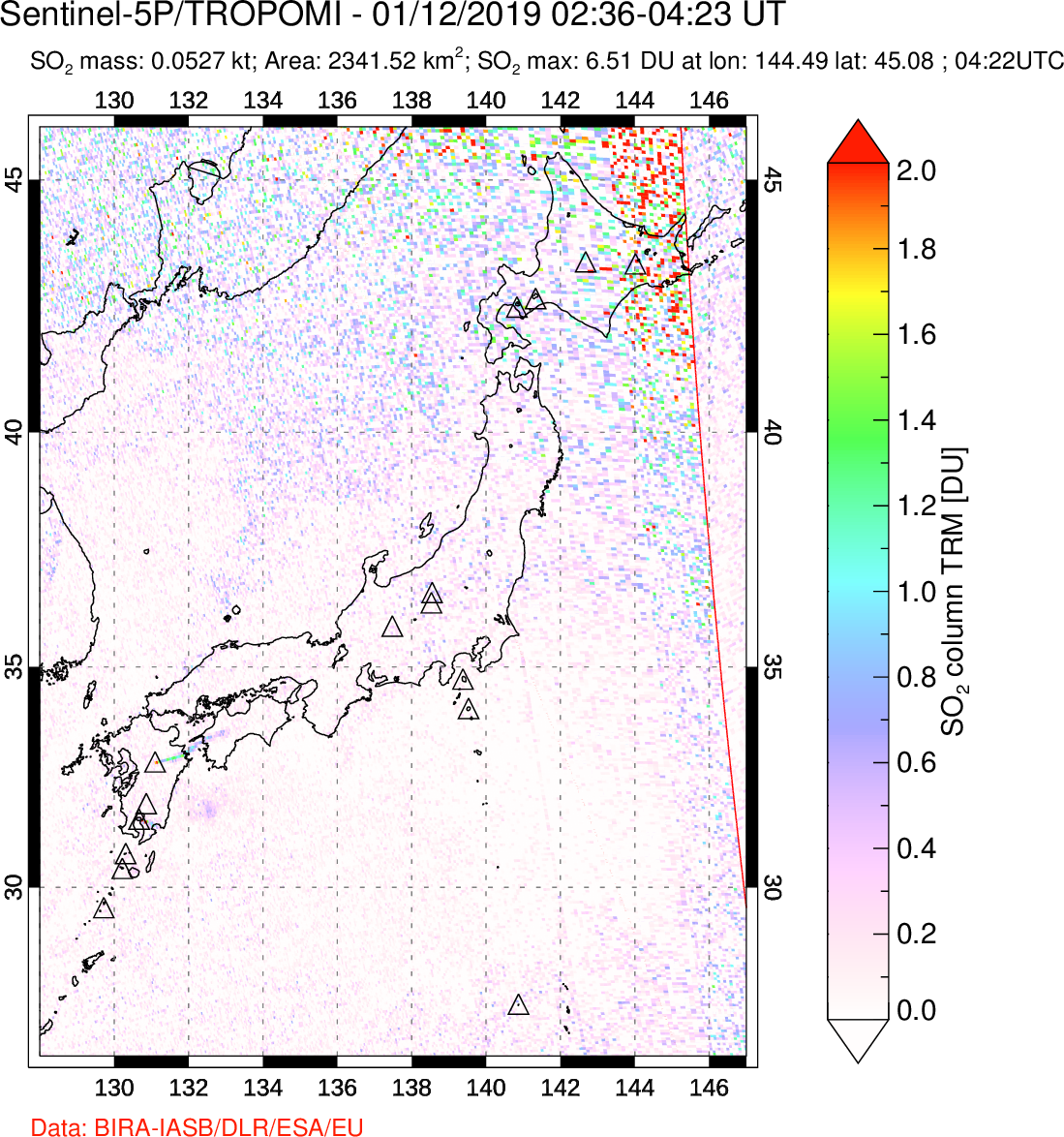 A sulfur dioxide image over Japan on Jan 12, 2019.