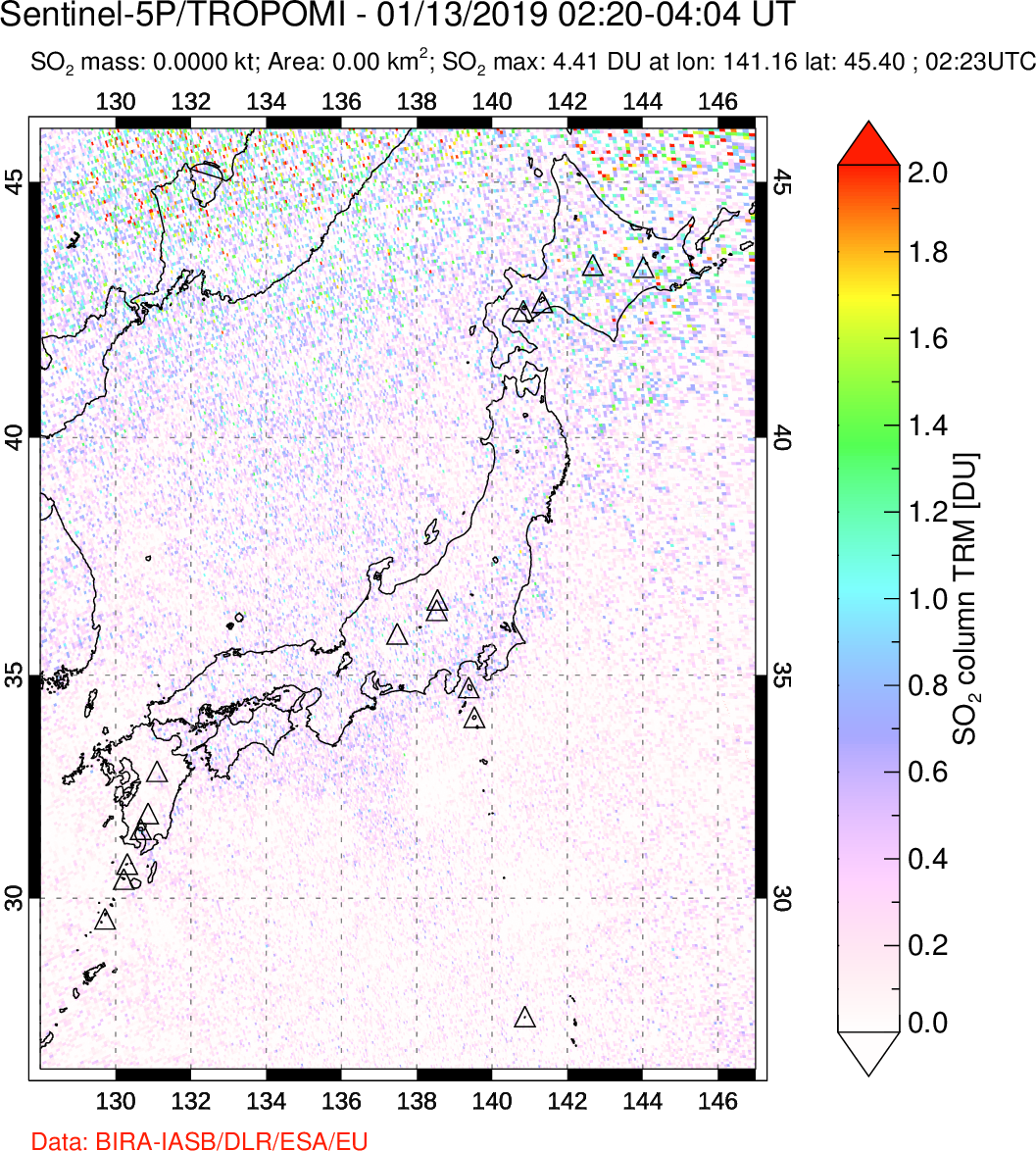 A sulfur dioxide image over Japan on Jan 13, 2019.