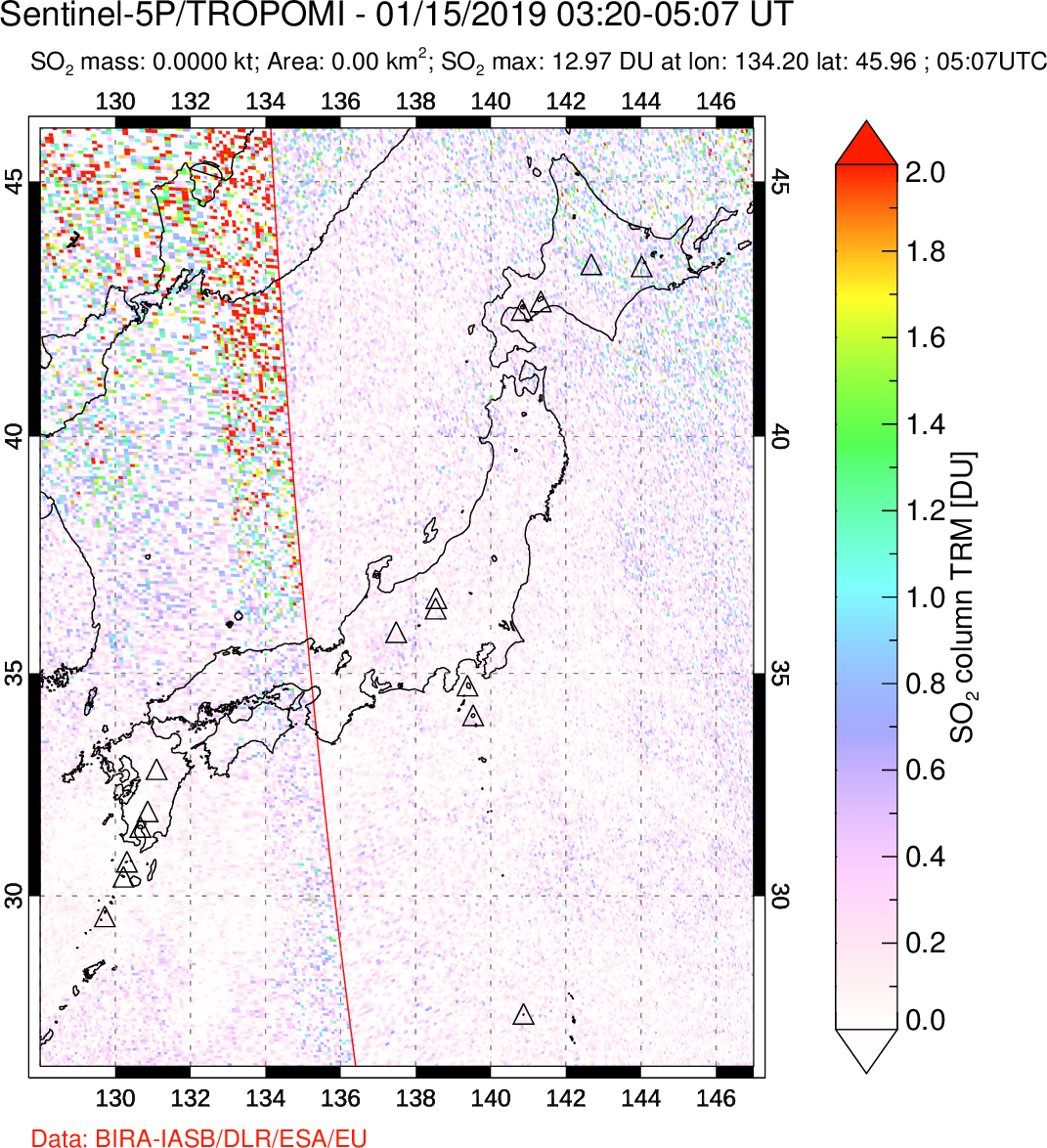A sulfur dioxide image over Japan on Jan 15, 2019.